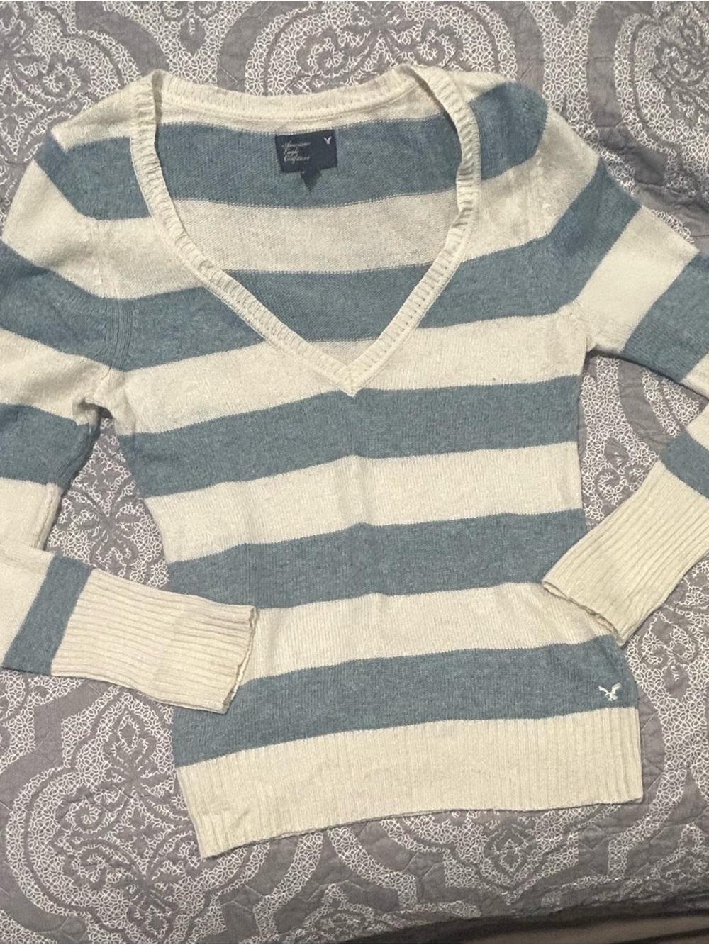 Vintage Y2K American Eagle Striped Deep V-Neck Sweater - Size Medium
